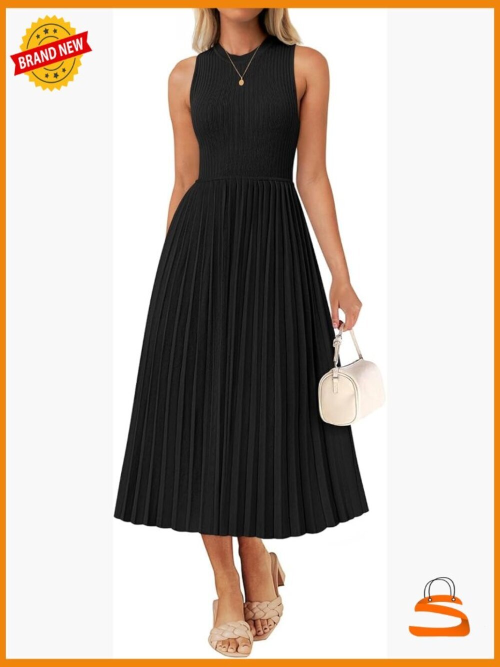 Sleeveless Knit A-Line Midi Dress Crewneck Pleated Flowy Summer Work Dress